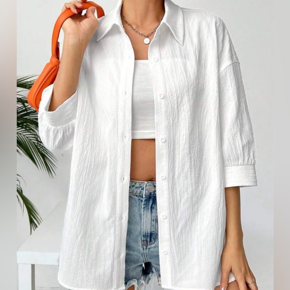 SHEIN Oversized Blouse, Sz. M, White, Boho Style, Textured Polyester Fabric